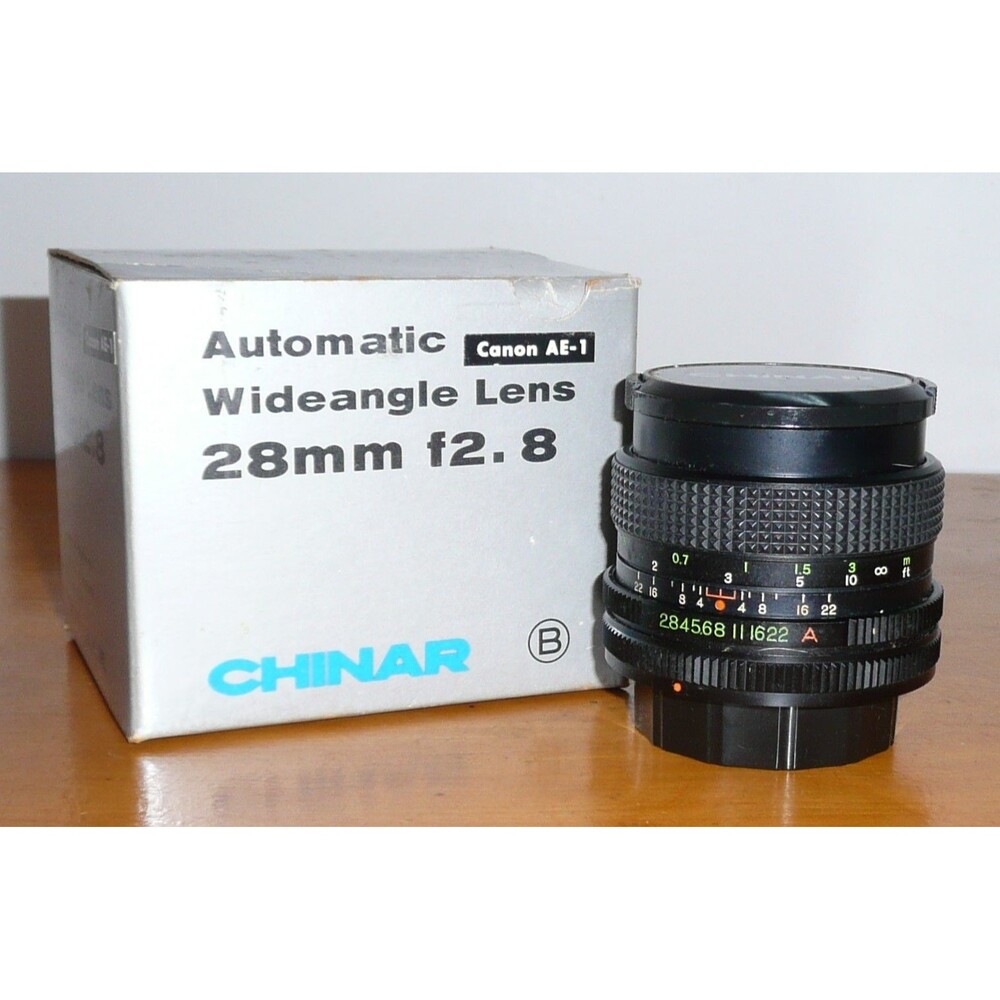 CHINAR 28mm F/ 2.8 lens for Canon AE-1 manual focus cameras w/box Wide Angle